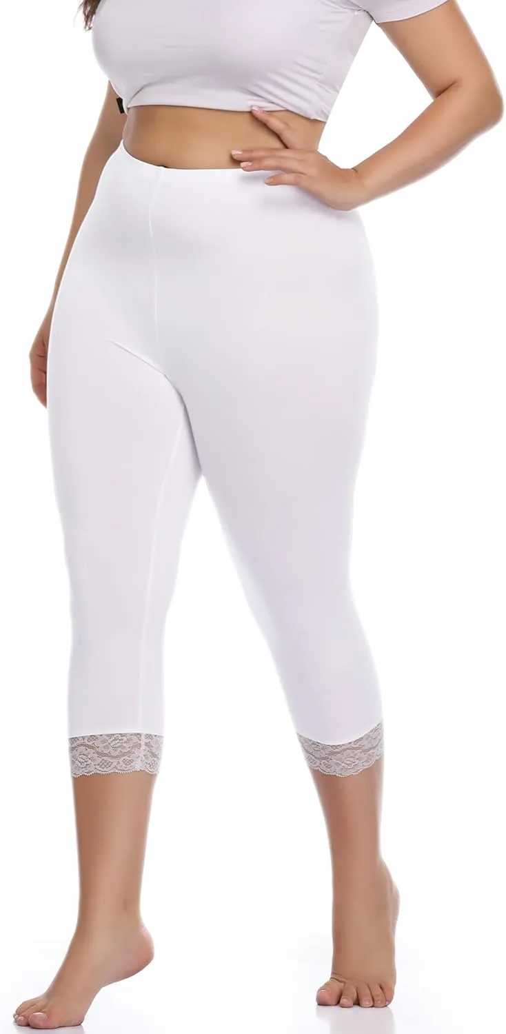 Women's Plus Size Capri Leggings Lace Trim High Waisted Stretchy Soft Crop Pants