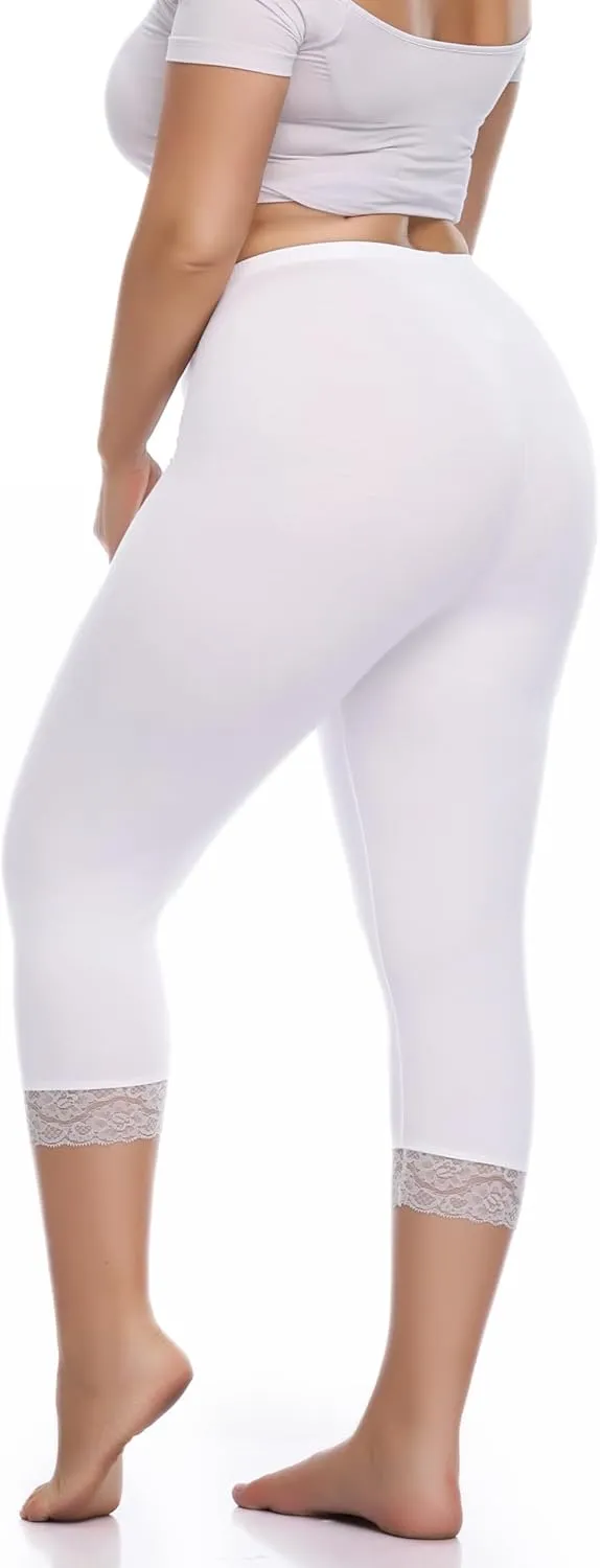 Women's Plus Size Capri Leggings Lace Trim High Waisted Stretchy Soft Crop Pants