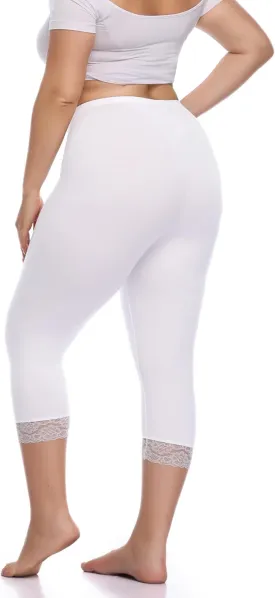 Women's Plus Size Capri Leggings Lace Trim High Waisted Stretchy Soft Crop Pants
