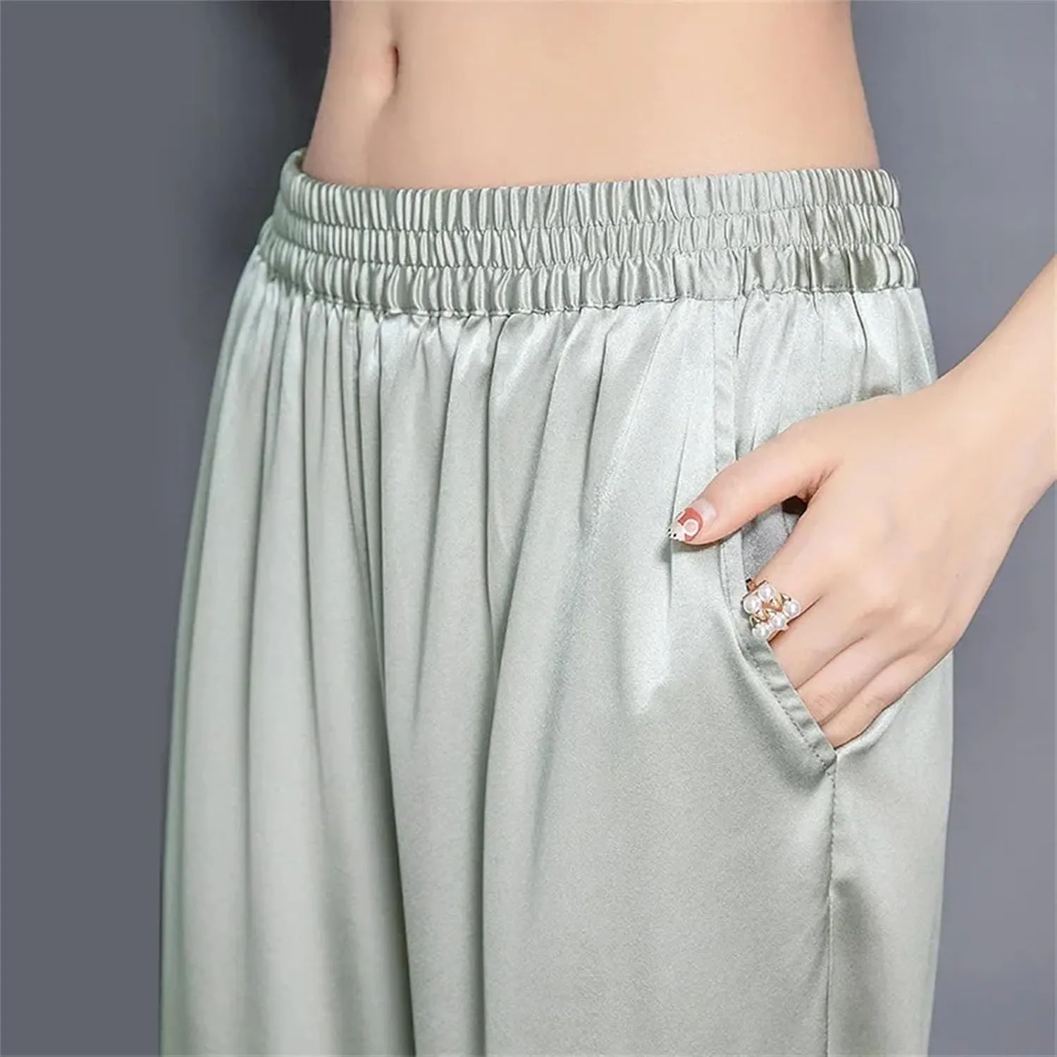 Womens Silk Satin Wide-Leg Pants Nine Points Year-Round Summer Casual Luxury Trousers