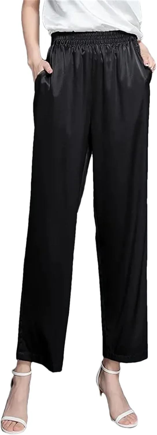 Womens Silk Satin Wide-Leg Pants Nine Points Year-Round Summer Casual Luxury Trousers