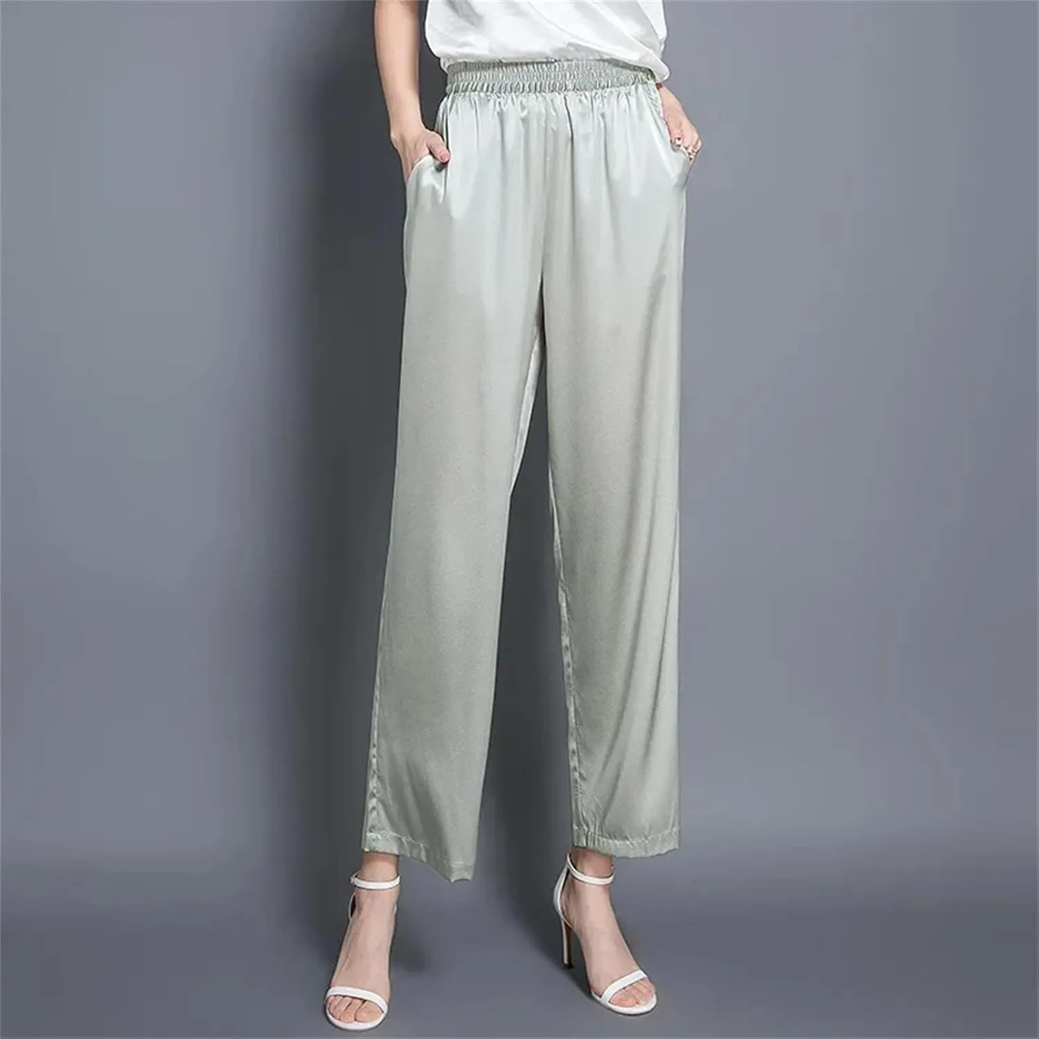 Womens Silk Satin Wide-Leg Pants Nine Points Year-Round Summer Casual Luxury Trousers