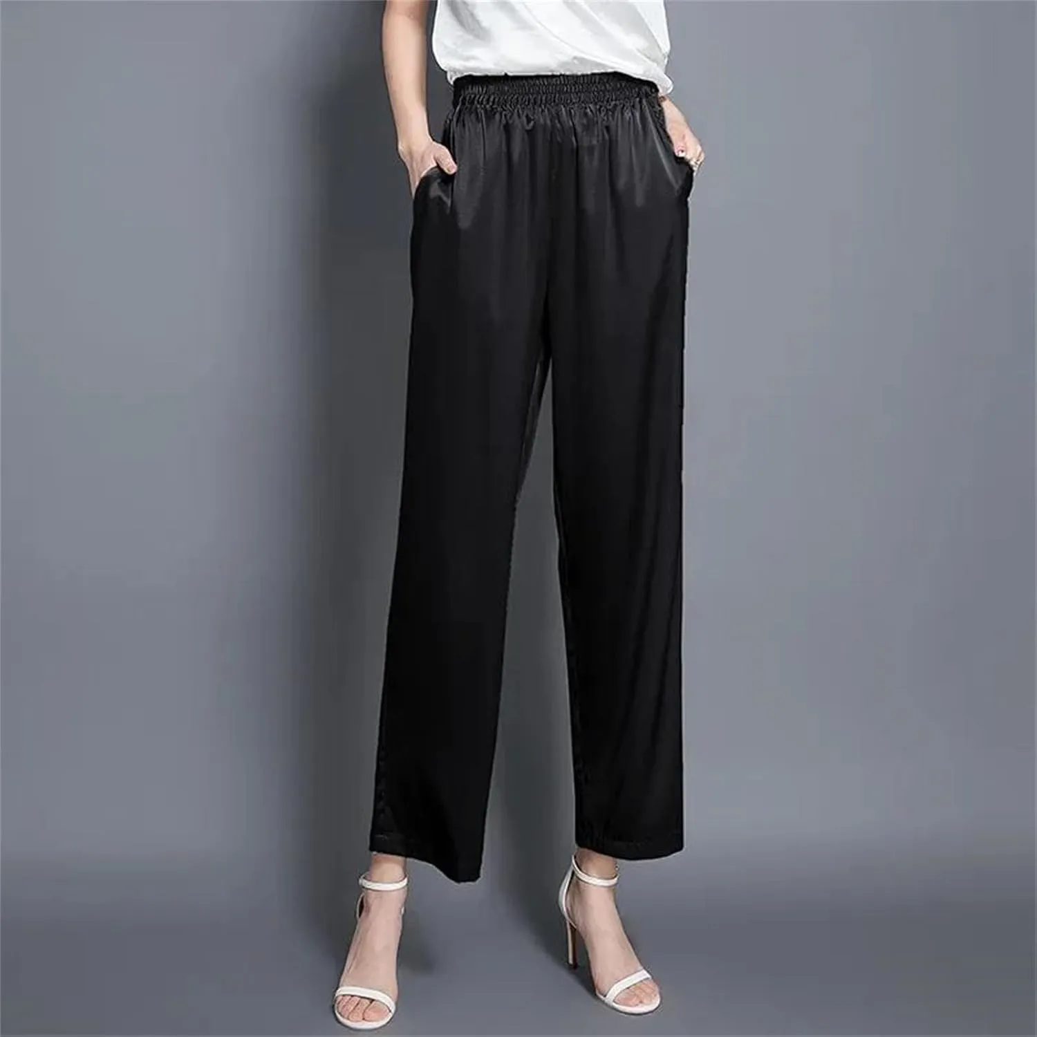 Womens Silk Satin Wide-Leg Pants Nine Points Year-Round Summer Casual Luxury Trousers