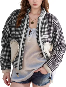 Wyeysyt Women's Cropped Puffer Jacket Winter Gingham Snap Plaid Short Padded Coats with Pockets